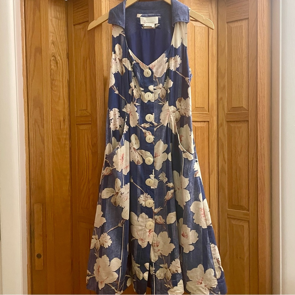 Anthropologie Collared Floral Blue Sleeveless Dress Size 0